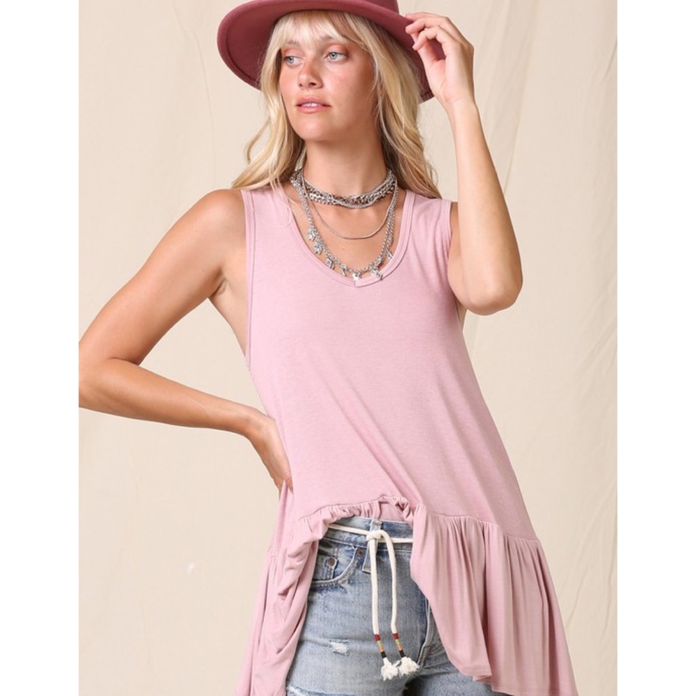 Rose Pink Spring Top Ruffle Rib Knit Layering Tank Top Summer Tops
